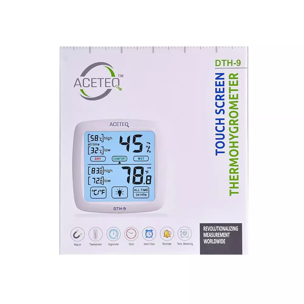ACETEQ Digital Touch Screen Thermohygrometer 500 Milliseconds Response Time Digital Display Glass White, DTH 9