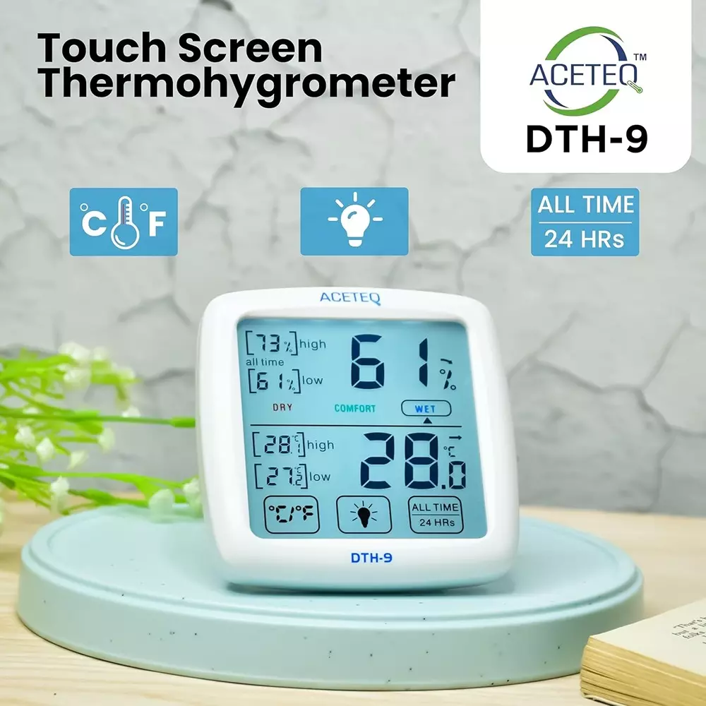 ACETEQ Digital Touch Screen Thermohygrometer 500 Milliseconds Response Time Digital Display Glass White, DTH 9