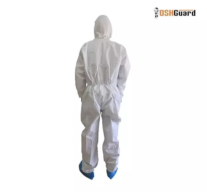 The Mask Lab PPE Kit Suit with Hood and without Foot Cover White M Size 63 GSM for Hospitals & Industries Use, Oshguard-4000