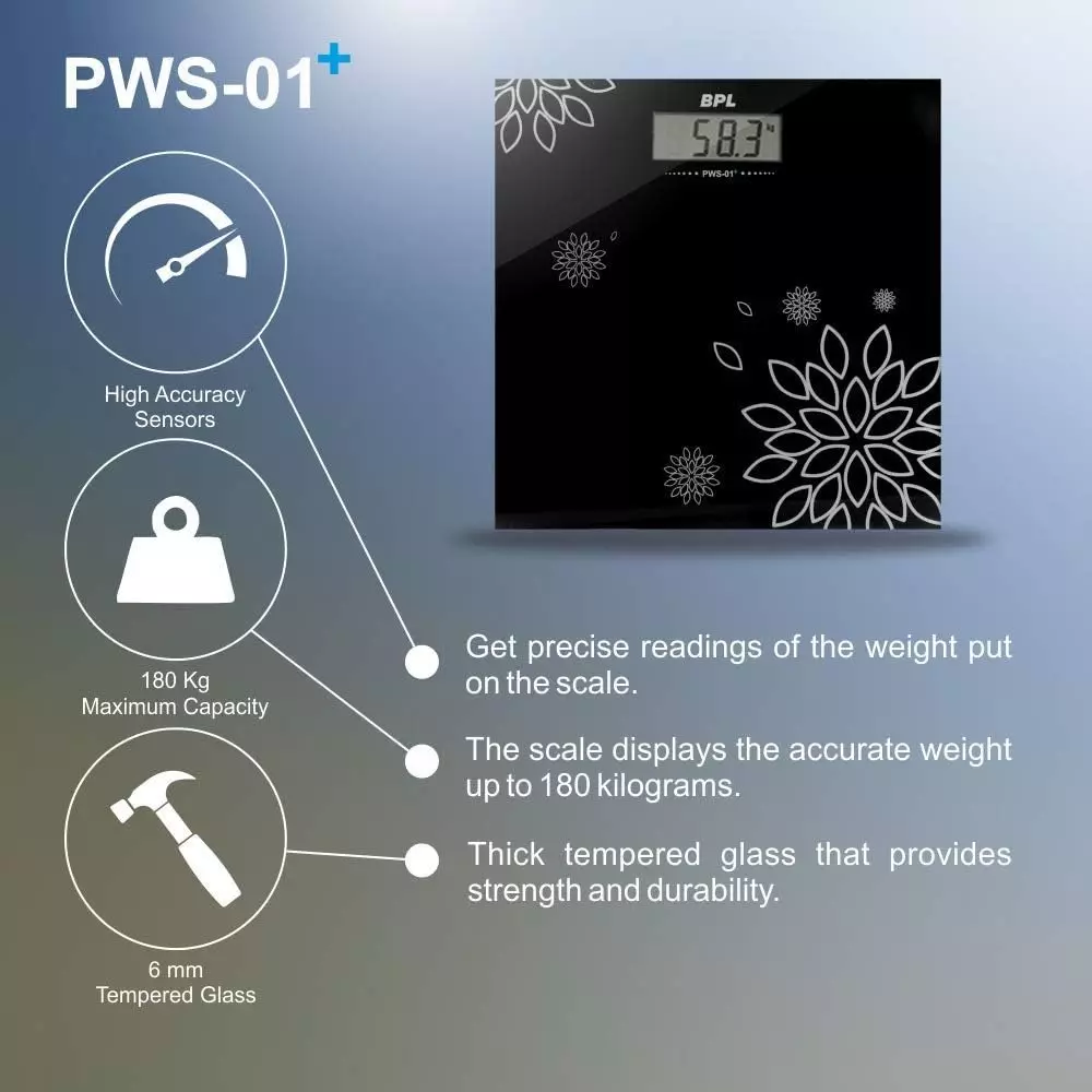BPL Medical Technologies Body Weighing Scale Mini Black 180 Kg Weighing Capacity Tempered Glass, PWS-01+