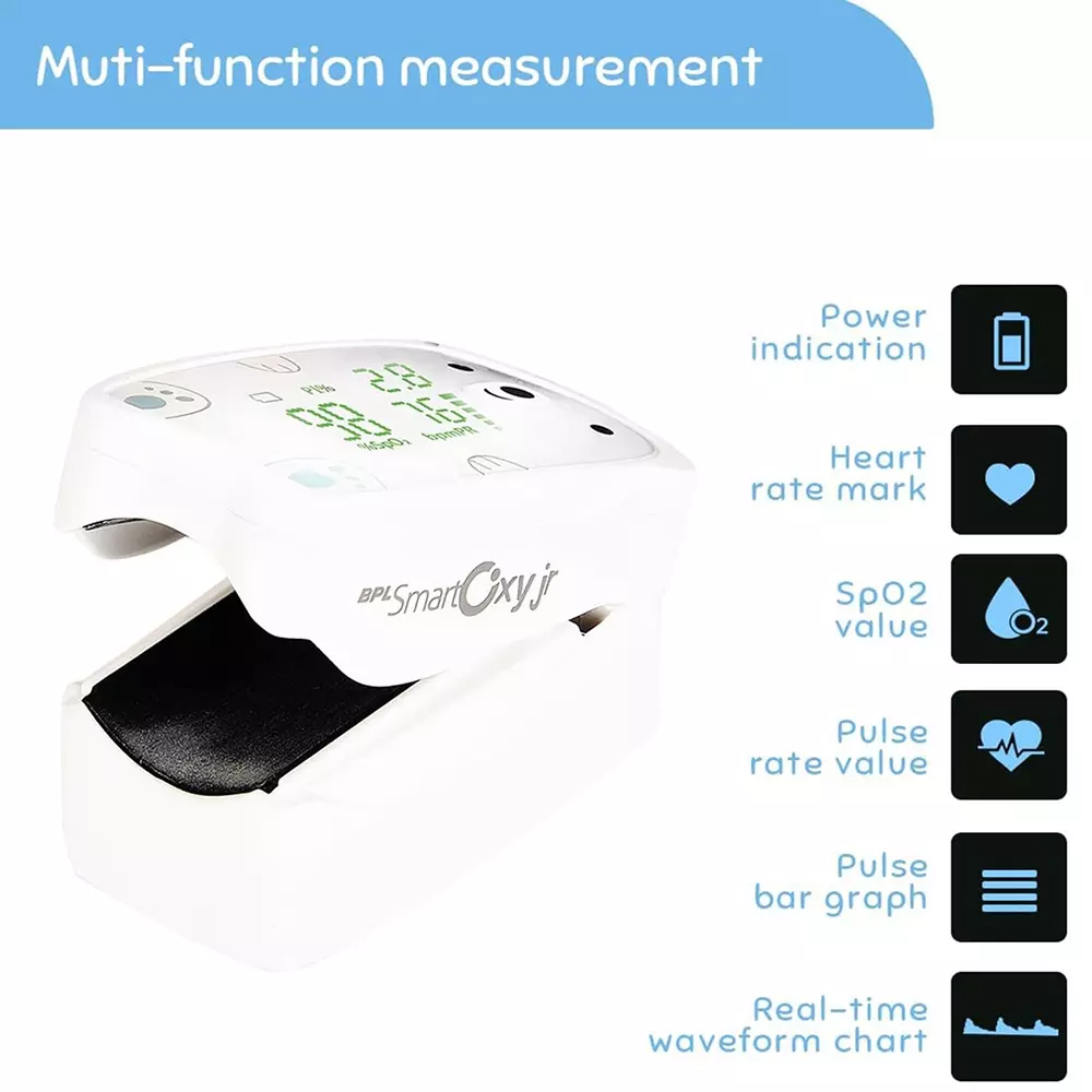 BPL Medical Technologies Pulse Oximeter White OLED Color Display +/-0.5% Accuracy for 3-12 Yrs Age Range, Smart Oxy Junior