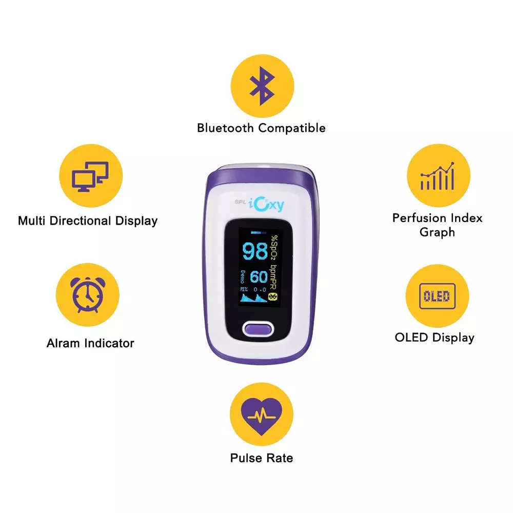 BPL Medical Technologies Pulse Oximeter Purple 6 Display Modes Bluetooth Supporting OLED Color Display, IOXY