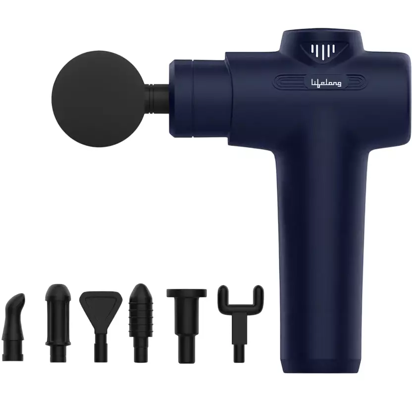 Lifelong Gun Massager with 7 Heads Kit 6 Intensity Speed Levels Blue Battery Powered Plastic, LLGM117