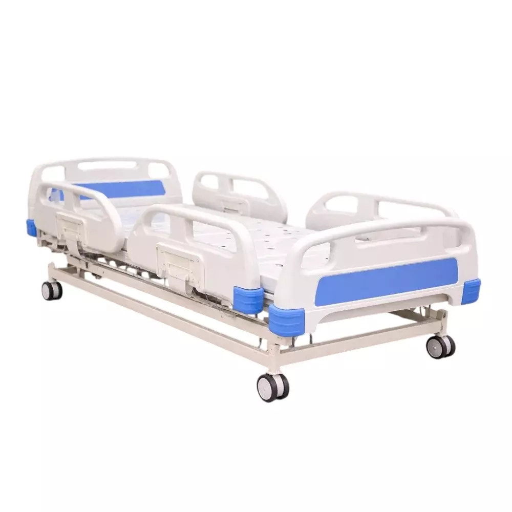 TMF Stainless Steel Manual ICU Bed in White & Blue Color With ABS Side Rails, Mattress and 180 Kg Load Capacity