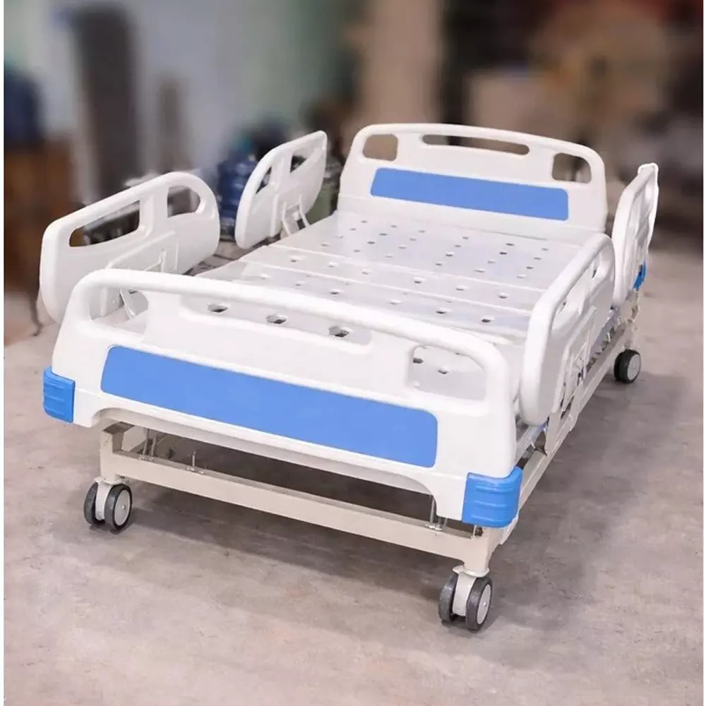 tmf-stainless-steel-manual-icu-bed-in-white-blue-color-with-abs-side-rails-mattress-and-180-kg-load-capacity