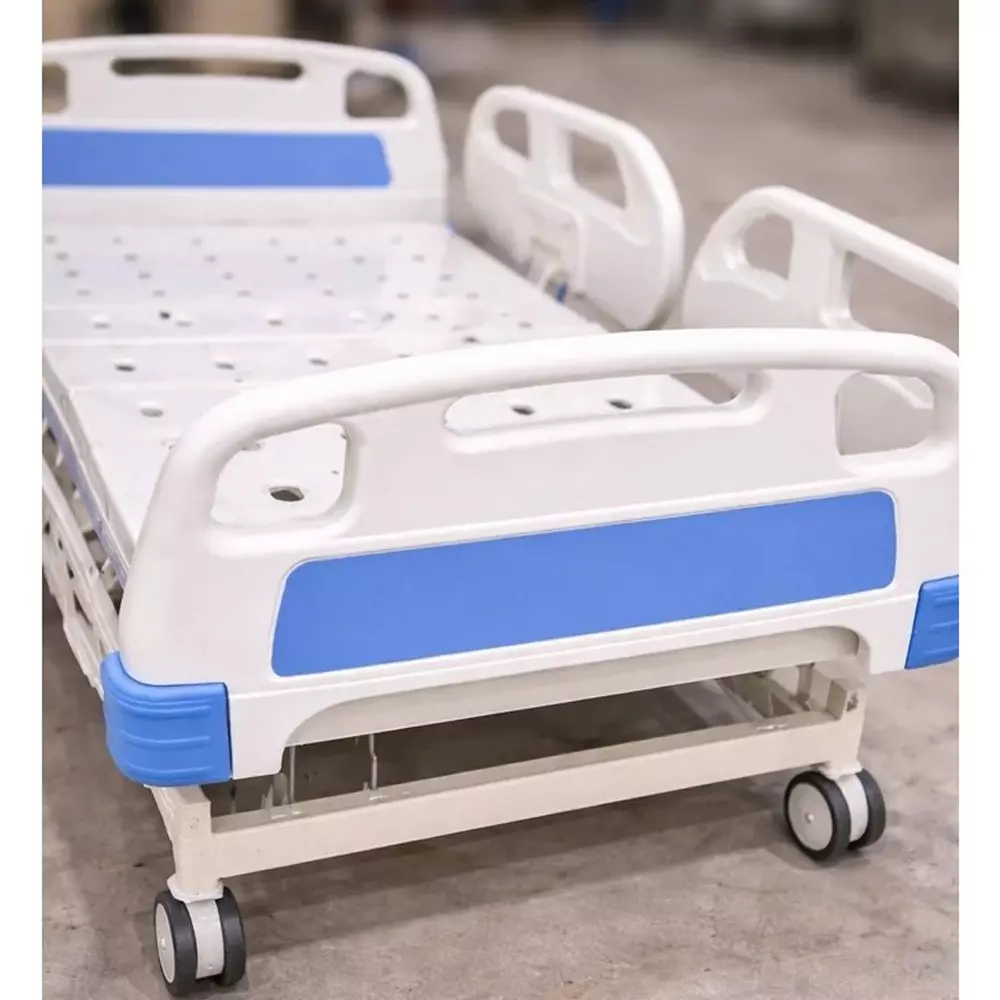 tmf-stainless-steel-manual-icu-bed-in-white-blue-color-with-abs-side-rails-mattress-and-180-kg-load-capacity