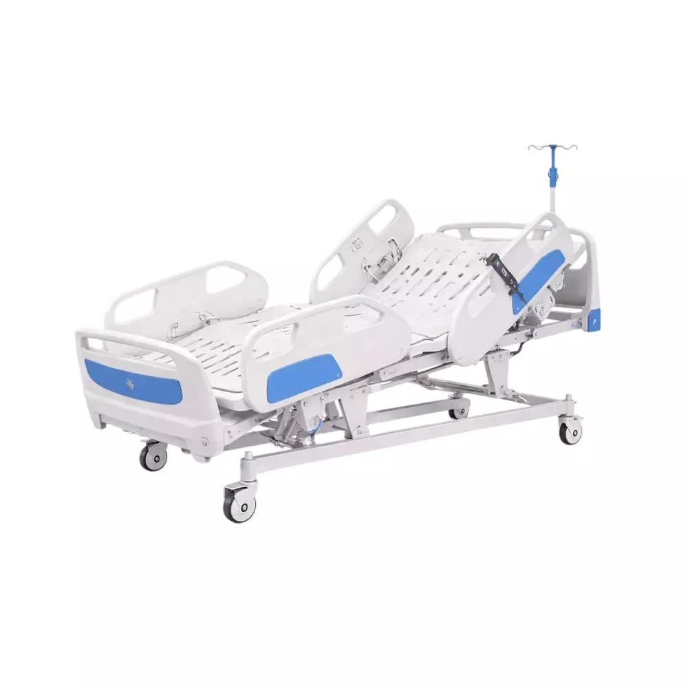 tmf-mild-steel-automatic-electric-icu-bed-in-white-blue-color-with-abs-side-rails-and-without-mattress