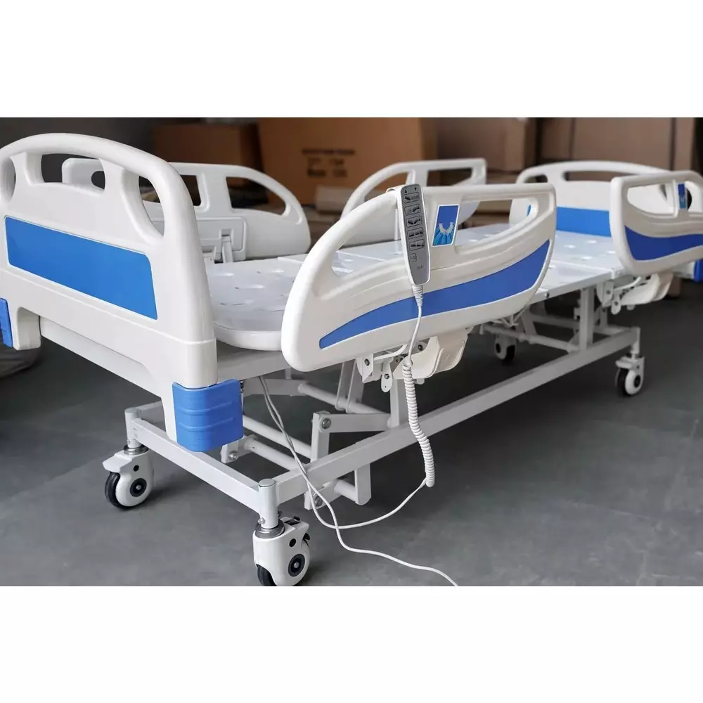 tmf-mild-steel-automatic-electric-icu-bed-in-white-blue-color-with-abs-side-rails-and-without-mattress
