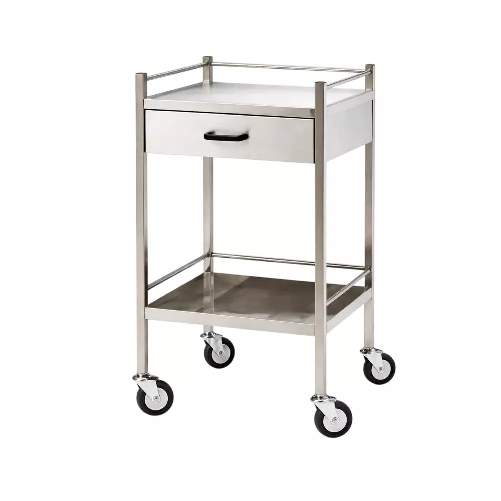 TMF Stainless Steel Hospital Utility Trolley in Silver Color With 2 Shelves and 150 Kg Load Capacity