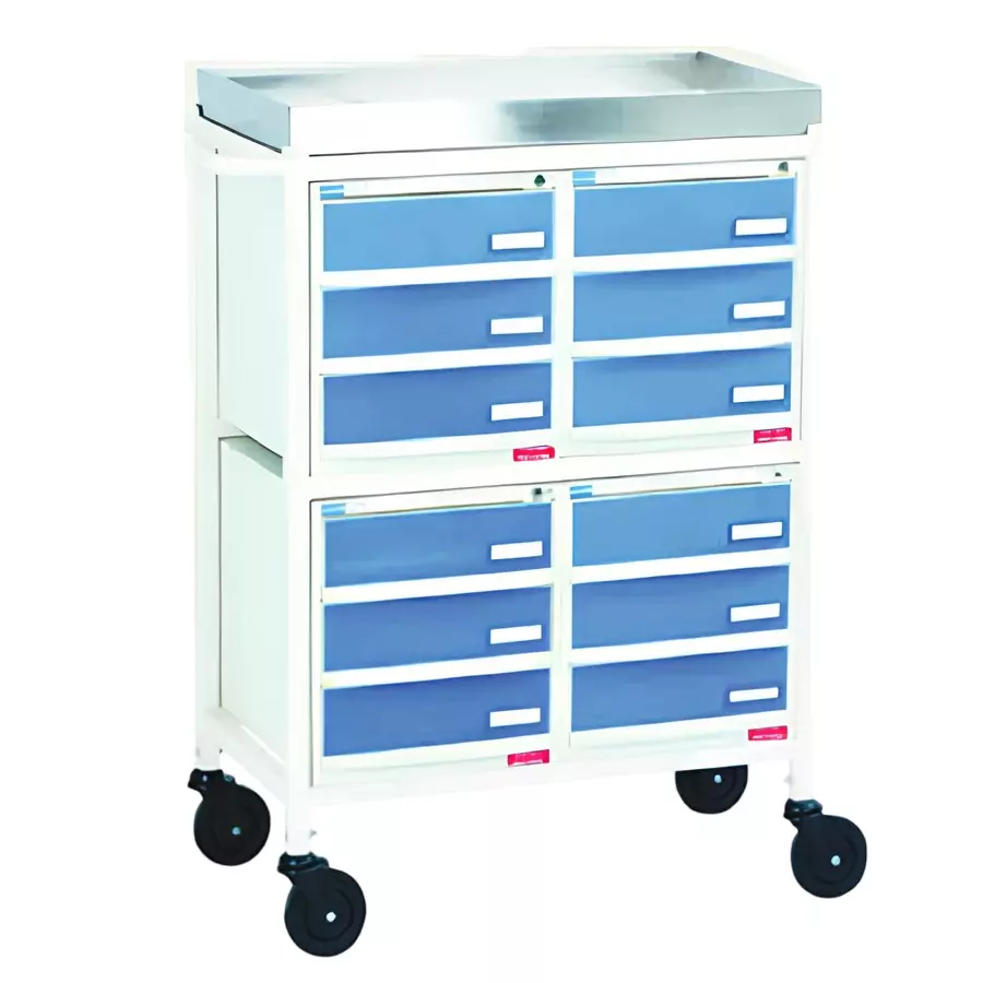 Sarvagya Surgical Medicine Trolley with 12 Drawers in Mild Steel Tube Frame and Pre-Treated Epoxy Powder Coated Finish, SSPL552