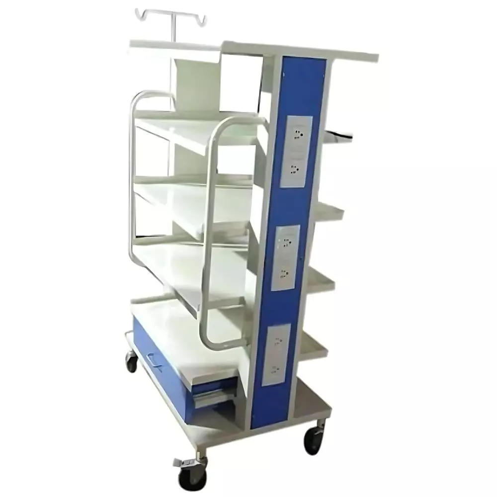 MAHABIR FURNITURE 5 Shelves Monitor Trolley With Saline Stand, Iron Body and 50 Kg Weight Capacity for Hospitals & Clinics