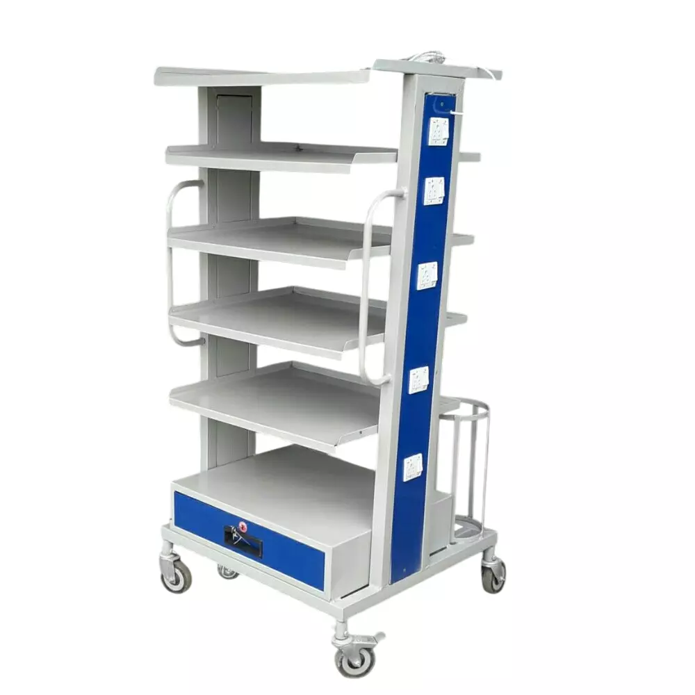 mahabir-furniture-5-shelves-monitor-trolley-with-saline-stand-iron-body-and-50-kg-weight-capacity-for-hospitals-clinics