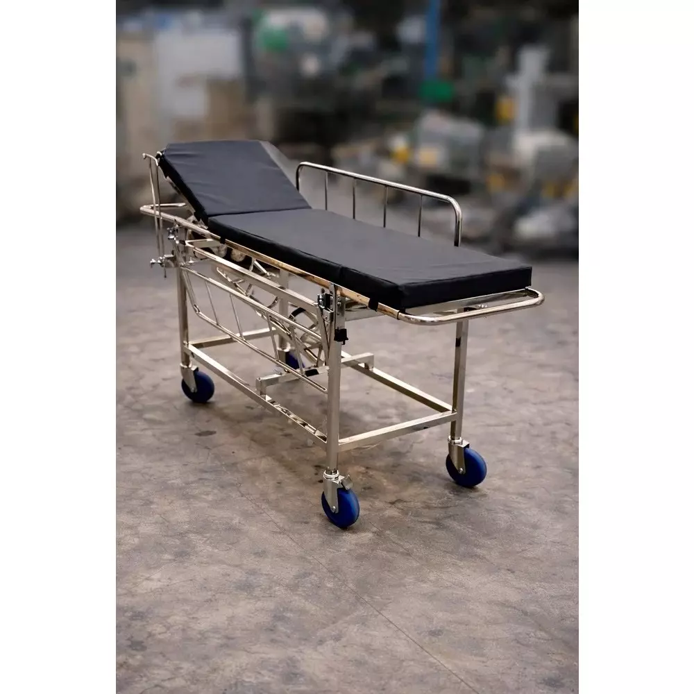 tmf-mild-steel-emergency-recovery-trolley-with-collapsible-railings-and-mattress-for-hospitals-and-clinics