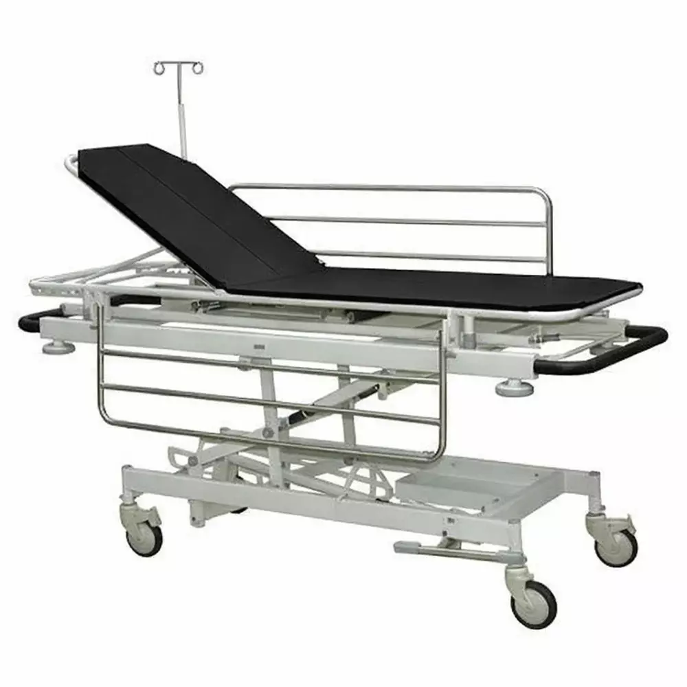 tmf-mild-steel-emergency-recovery-trolley-with-collapsible-railings-and-mattress-for-hospitals-and-clinics