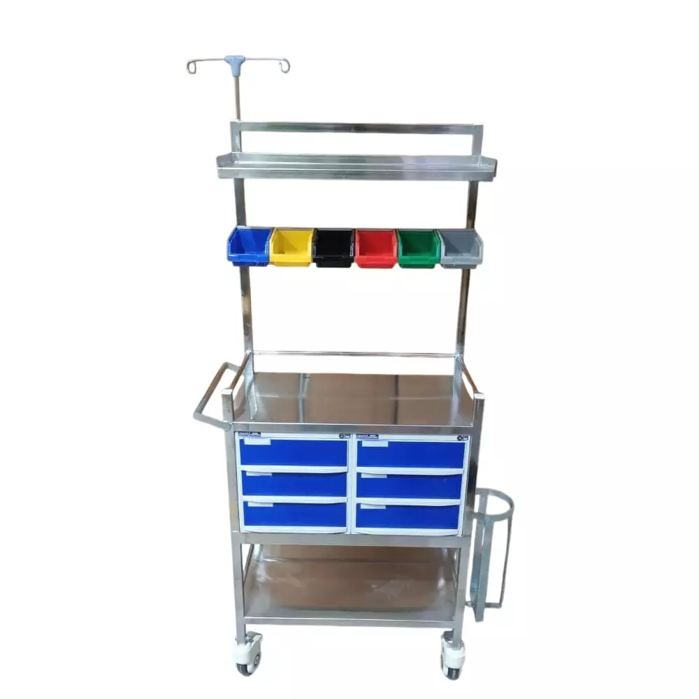 GENERIC Crash Cart Trolley Stainless Steel Frame Multicolor Polished Finish and 6 Drawers, ASU1205