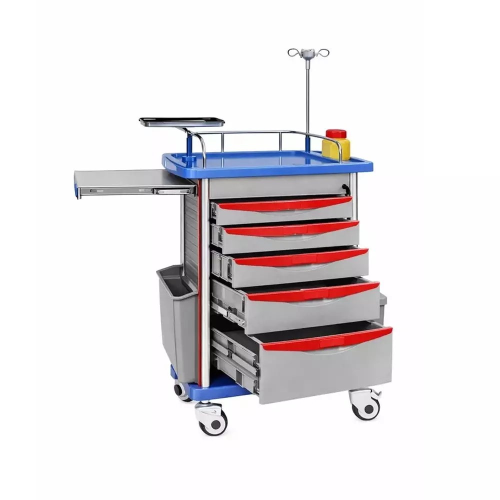 TMF Mild Steel + ABS Anesthesia Trolley in Grey & Blue Color with 5 Drawers, Dividers and IV Pole