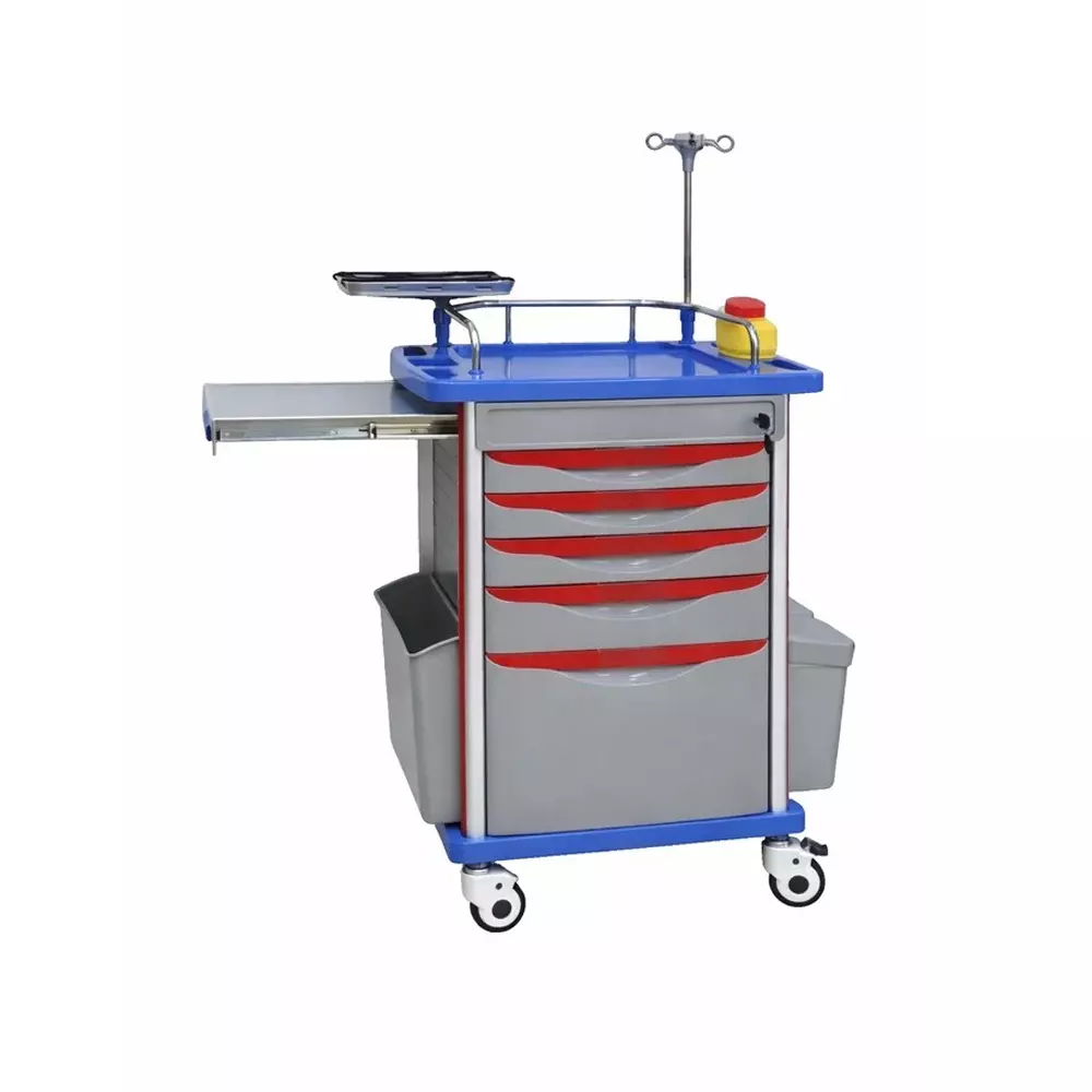 tmf-mild-steel-abs-anesthesia-trolley-in-grey-blue-color-with-5-drawers-dividers-and-iv-pole