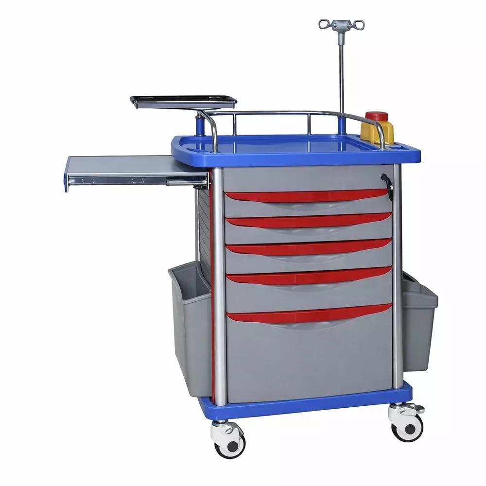 tmf-mild-steel-abs-anesthesia-trolley-in-grey-blue-color-with-5-drawers-dividers-and-iv-pole