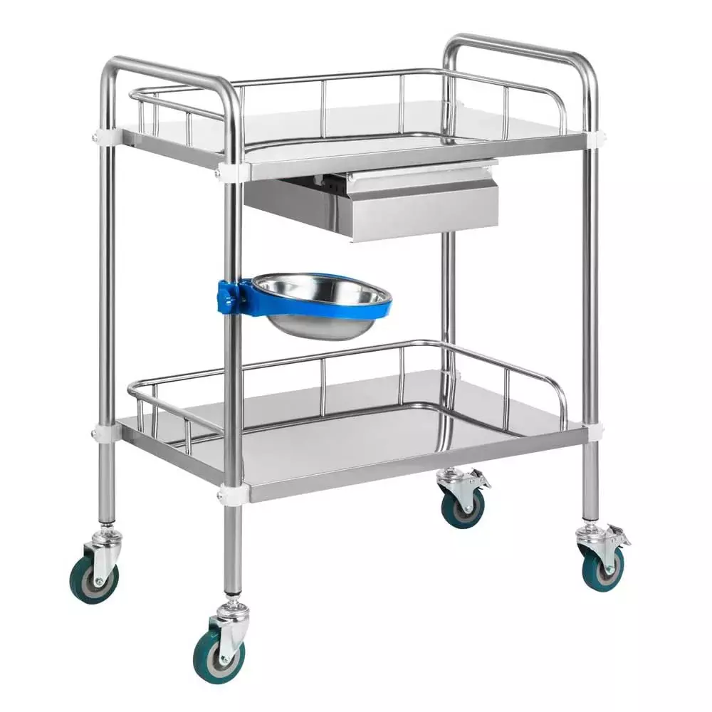 BIGAPPLE Medical Instrument Trolley Stainless Steel 2-Tier 86x60x40 cm Overall Size with Bin and Drawer
