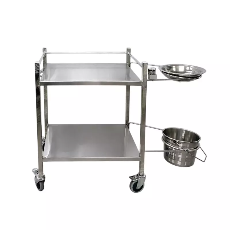 TMF Stainless Steel Hospital Dressing Trolley in Silver Color With 2 Shelves, Bowl and Bucket