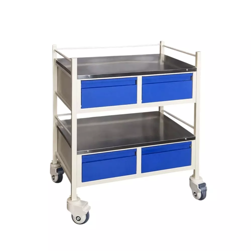 TMF Stainless Steel Medicine Trolley with 2 Shelves and 4 Drawers for Hospitals and Clinics