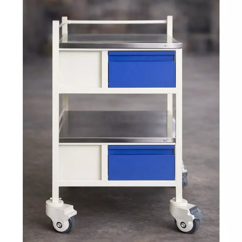 tmf-stainless-steel-medicine-trolley-with-2-shelves-and-4-drawers-for-hospitals-and-clinics