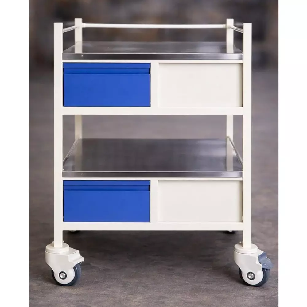 tmf-stainless-steel-medicine-trolley-with-2-shelves-and-4-drawers-for-hospitals-and-clinics