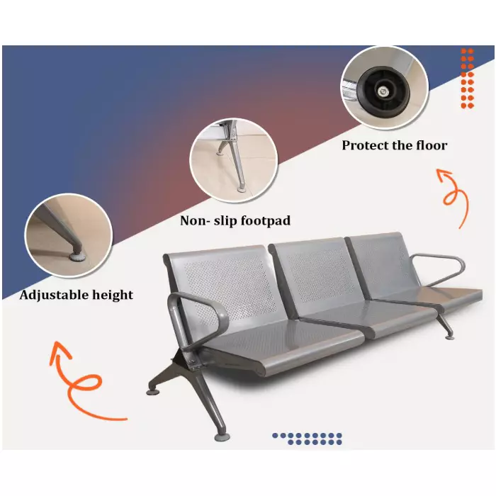 Hospishop Three Seater Chair Mild Steel 56x177.8x78.7 cm Solid Back Arm Rest for Waiting Area, Argon