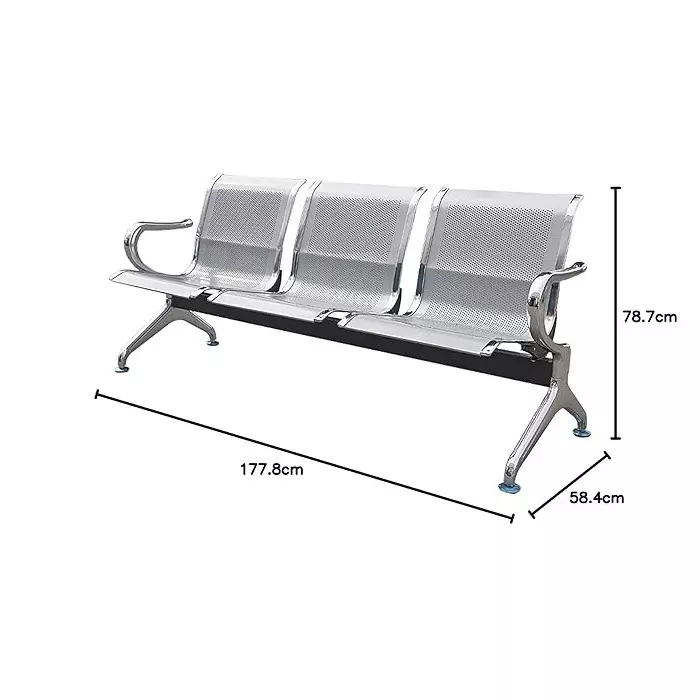 Hospishop Three Seater Chair Mild Steel 58.4x177.8x78.7 cm Solid Back Arm Rest for Waiting Area, Helium Cushion Green