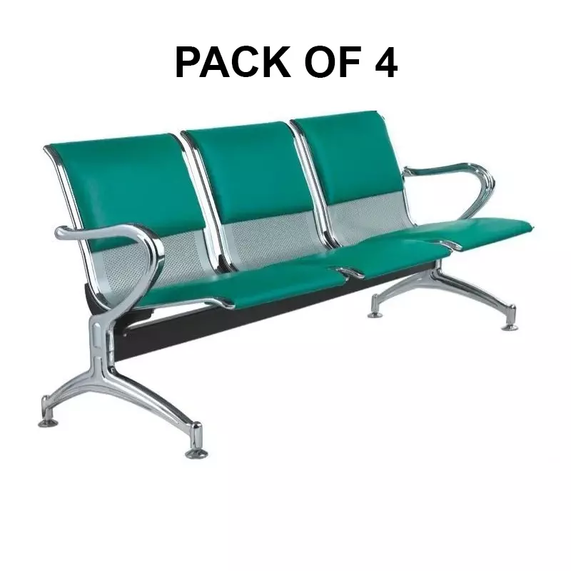 Hospishop Three Seater Chair Mild Steel 58.4x177.8x78.7 cm Solid Back Arm Rest for Waiting Area, Helium Cushion Green (Pack of 4)