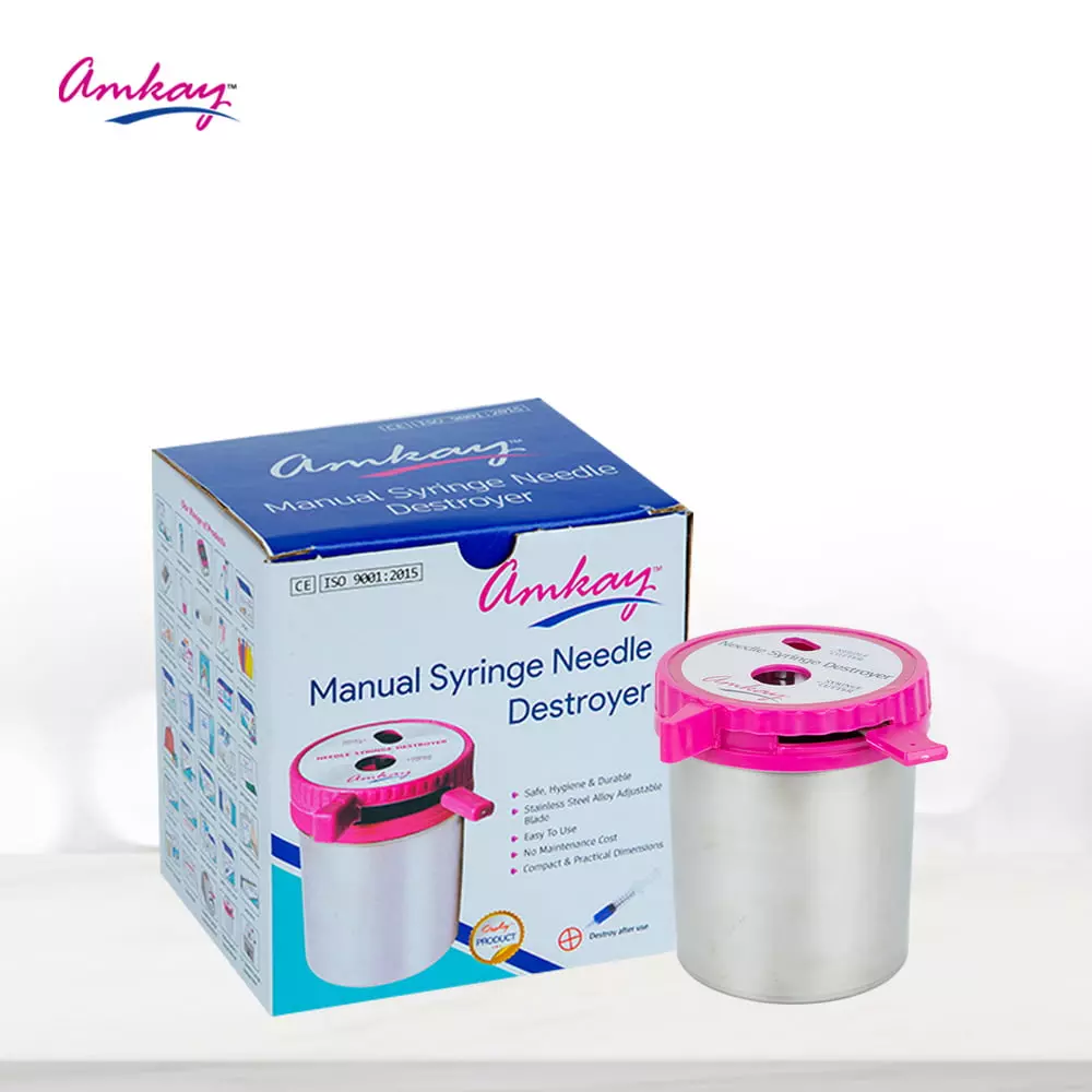 amkay-manual-needle-syringe-destroyer-metal-body-silver-pink-color-with-stainless-steel-alloy-blade-pack-of-45