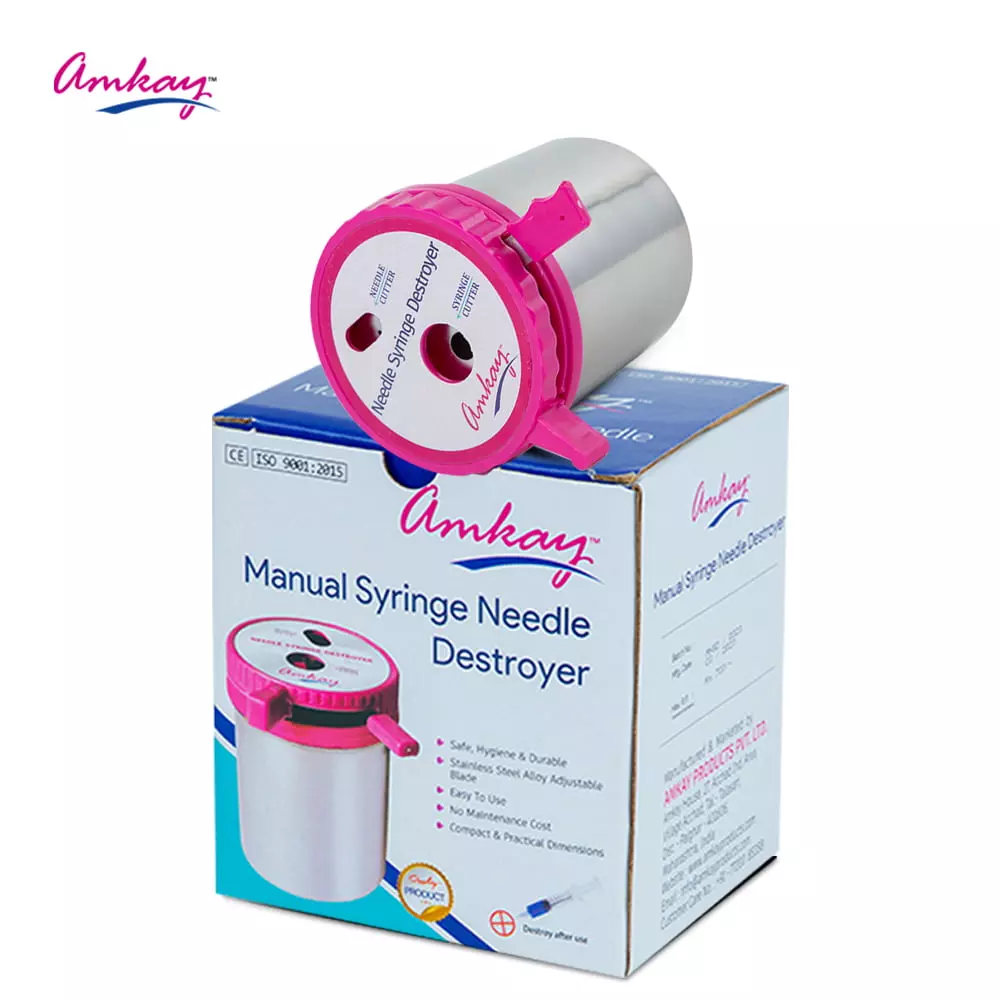 amkay-manual-needle-syringe-destroyer-metal-body-silver-pink-color-with-stainless-steel-alloy-blade-pack-of-45