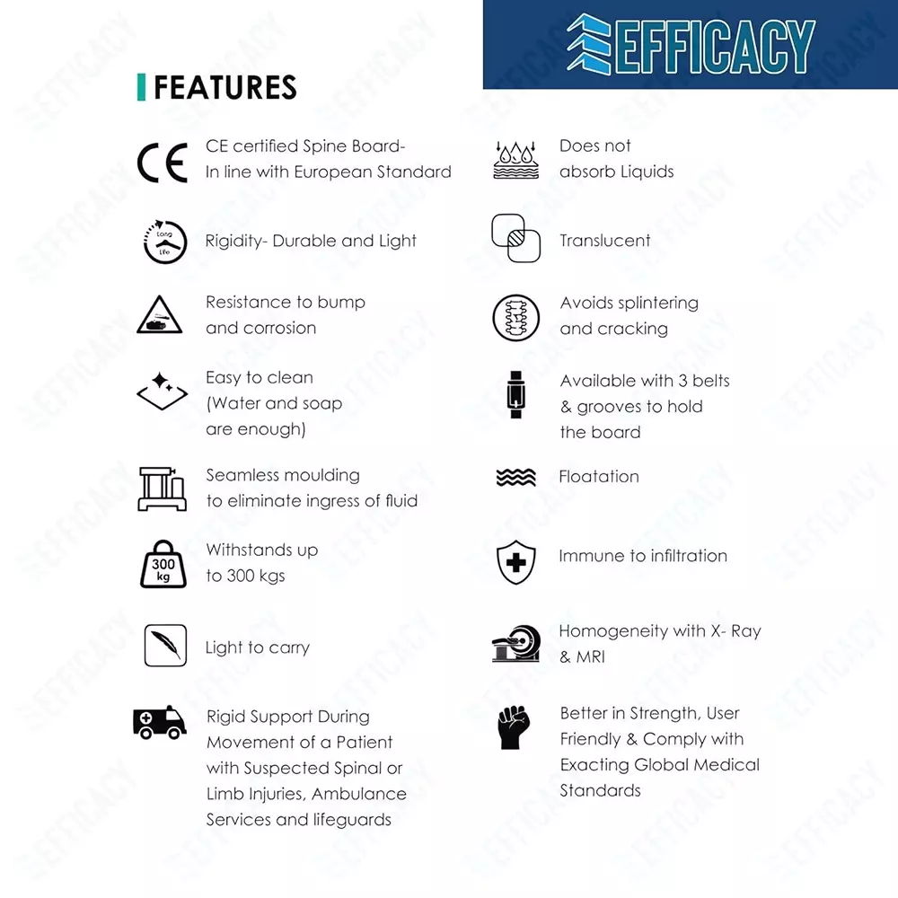 EFFICACY Spine Board Rescue Stretcher Orange Plastic Plate Mount 300 Kg Capacity for Hospitals Use