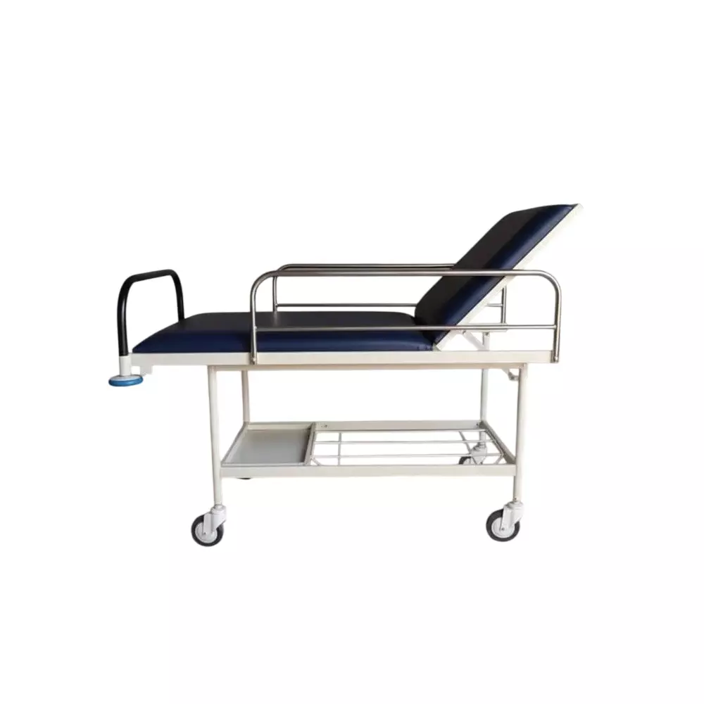 tmf-mild-steel-patient-stretcher-trolley-with-mattress-fixed-rails-height-and-120-kg-load-capacity