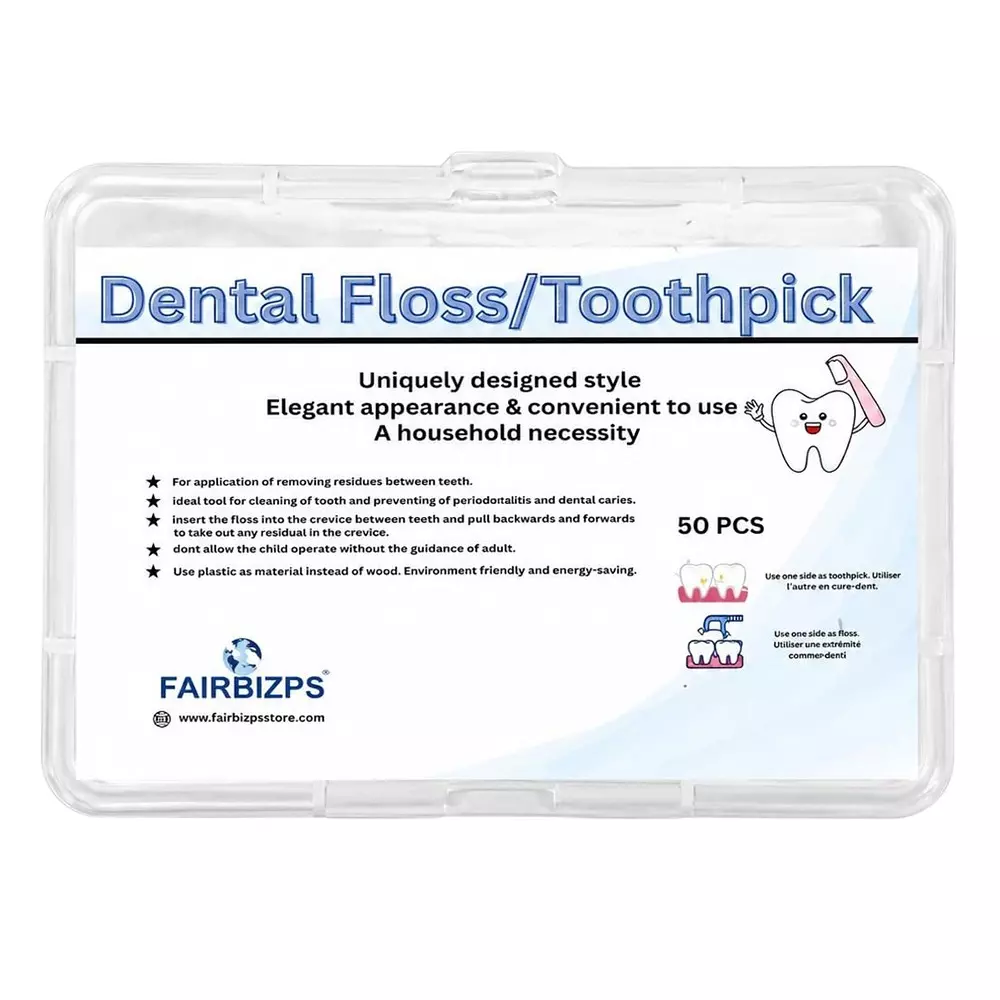 FAIRBIZPS 3-in-1 Dental Floss Picks & Toothpicks Set Plastic White for Fresh Breath & Healthy Gums, FSDF4426 (Pack of 50)