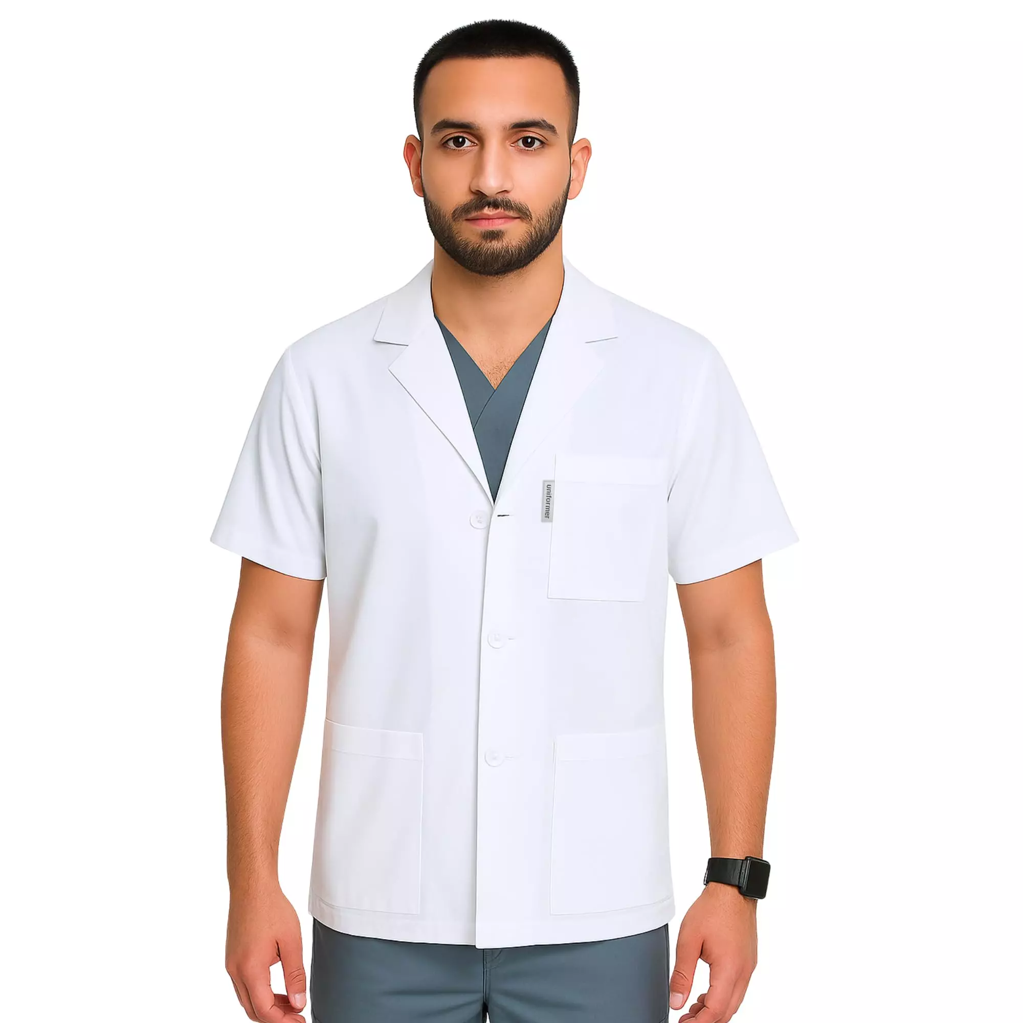 Uniformer S Size Half Sleeves Lab Coat White Cotton & Polyester Blend Anti-Wrinkle Durable & Comfortable for Men