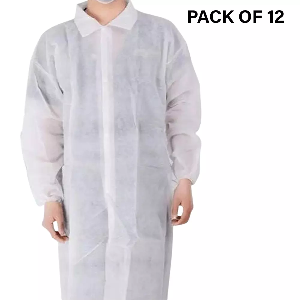 Swavind Disposable Lab Coat 50 GSM Non-Woven Polypropylene White Free Size (Pack of 12)