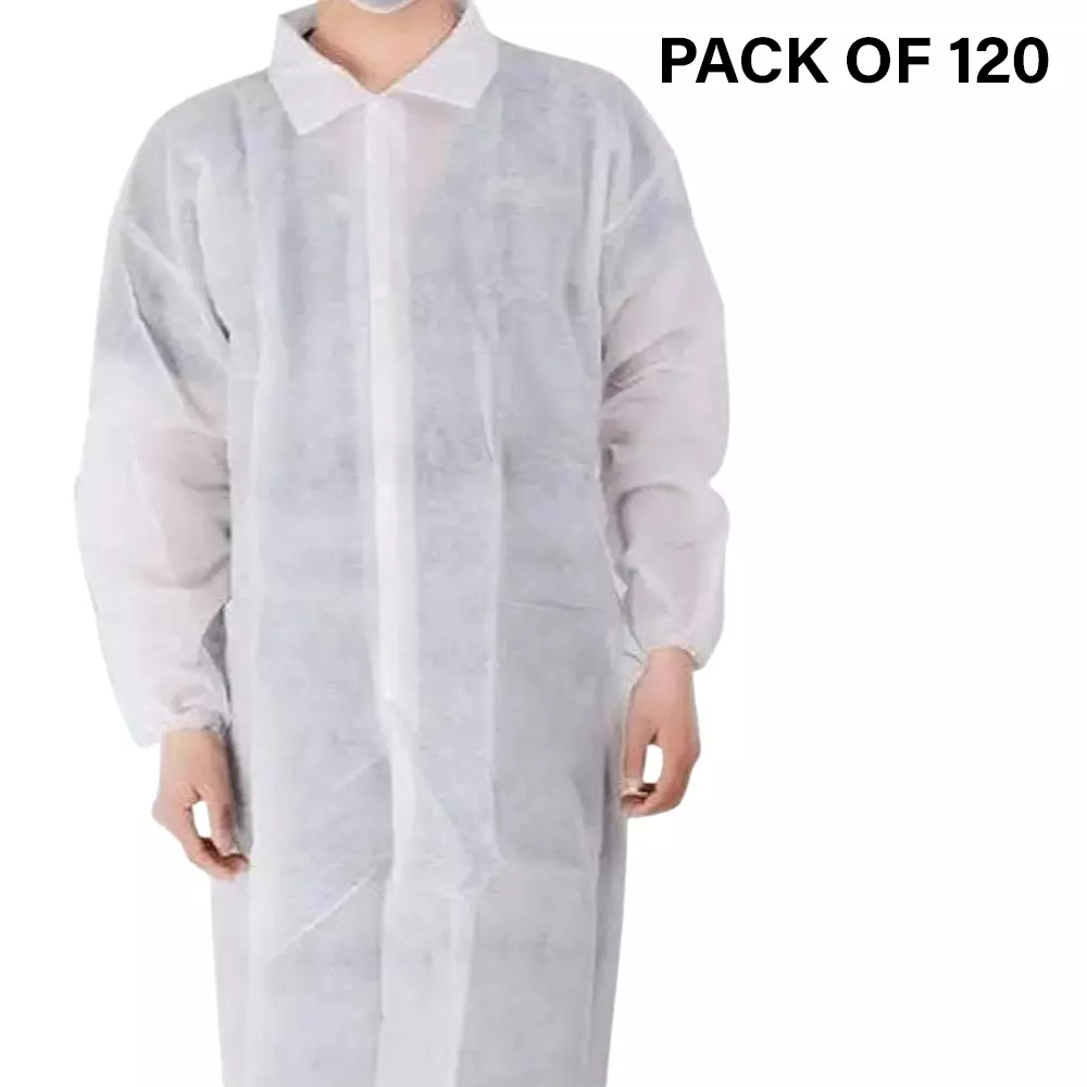 Swavind Disposable Lab Coat 50 GSM Non-Woven Polypropylene White Free Size (Pack of 120)