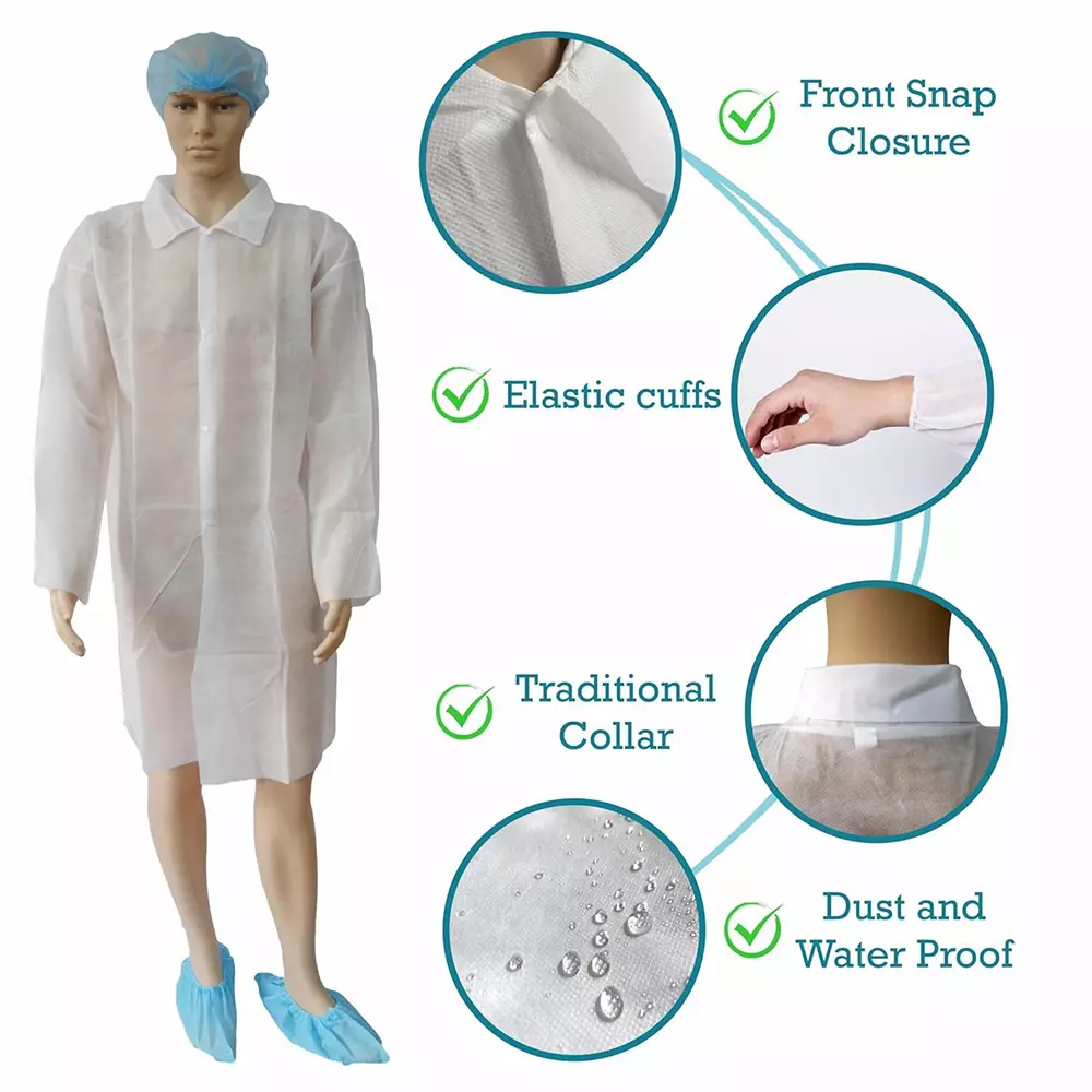 Swavind Disposable Lab Coat 50 GSM Non-Woven Polypropylene White Free Size