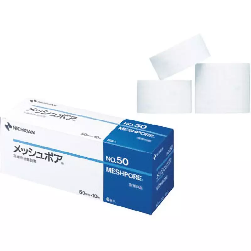 NICHIBAN MESHPORE Nonwoven Adhesive Bandage 50 mm x 10 m, No.50 (Pack of 6 Rolls)