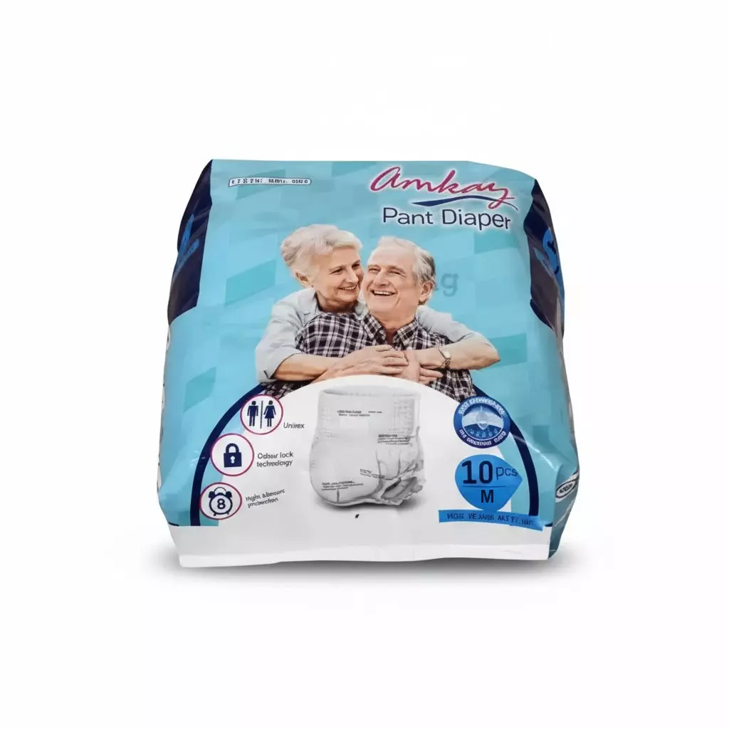 Amkay 10 Pcs Per Packet Medium Size Pant Diaper for Adults, White Color, AMK-PD-M-601 (Box of 12 Packets)