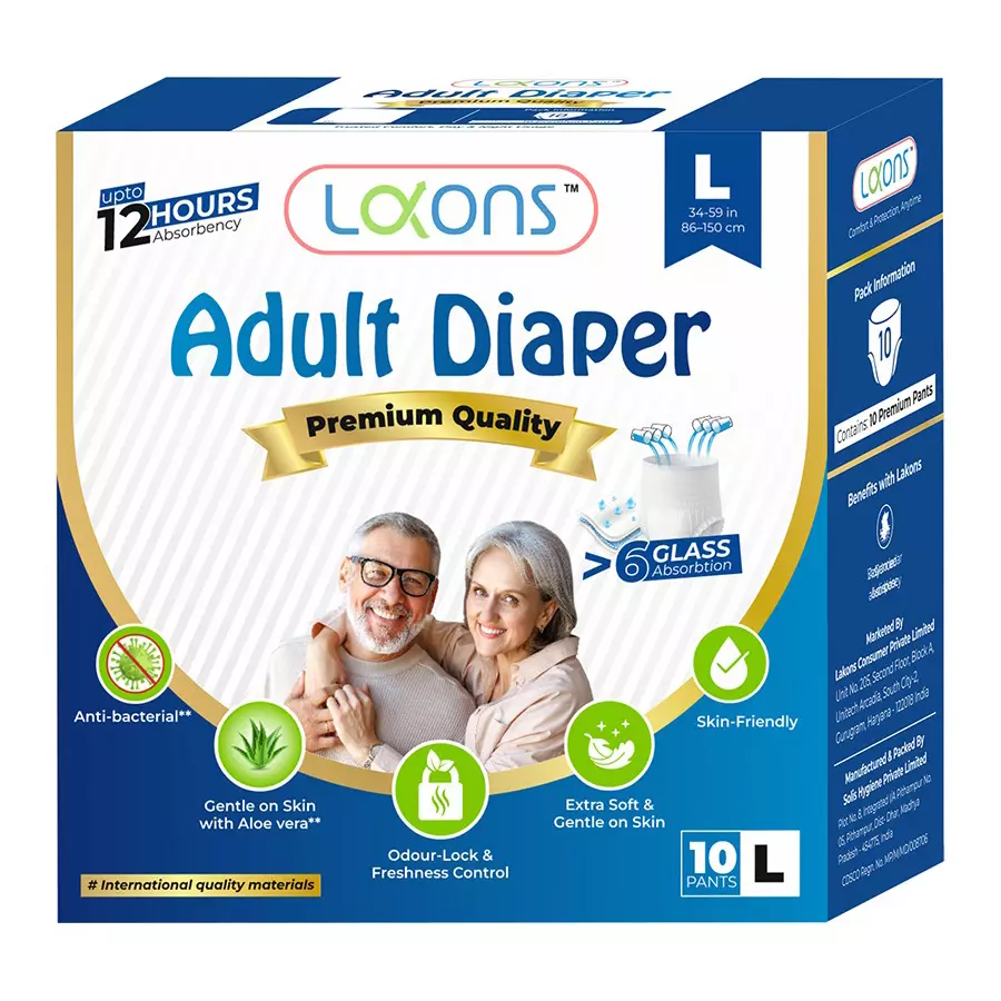 Lakons 10 Pcs L Size Adult Diaper with Advanced Absorbency Technology for Waist Size 34-59 inch (86-150 cm)