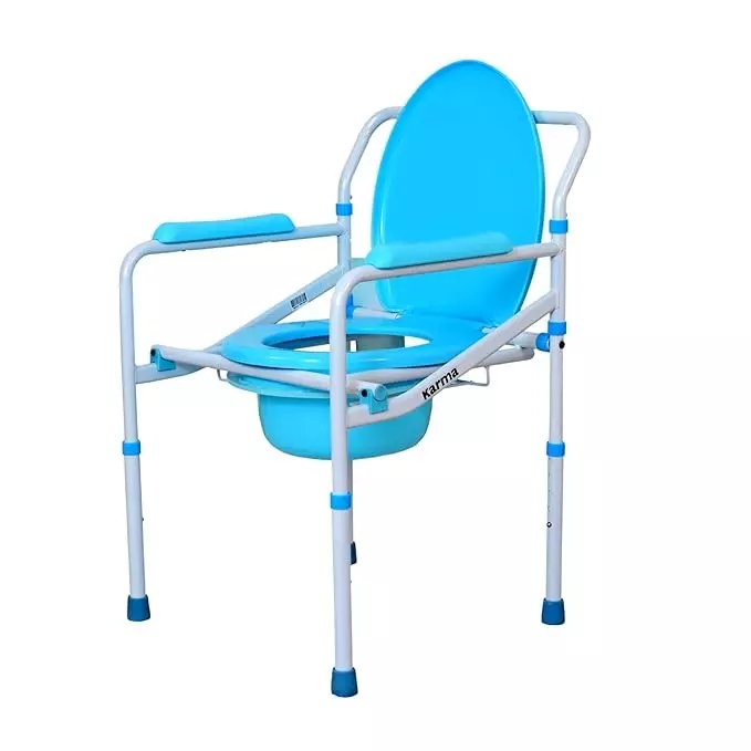 Karma Foldable Commode Chair Mild Steel Partial Elliptical Frame 460 mm Seat Width 120 Kg Weight Capacity, Aqua 2 CMD-MS Blue