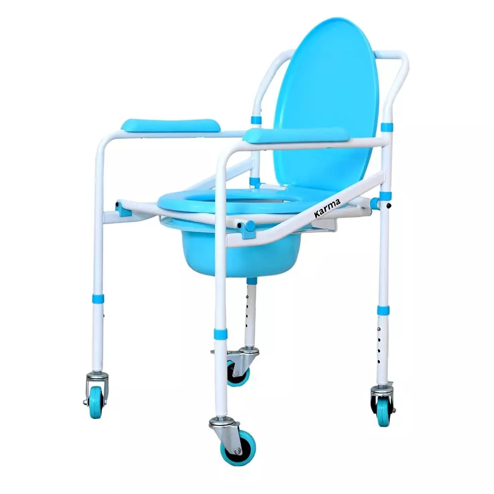 Karma Foldable Commode Chair with Wheel Mild Steel Partial Elliptical Frame 460 mm Seat Width 120 Kg Weight Capacity, Aqua 5 CMD-MS Blue