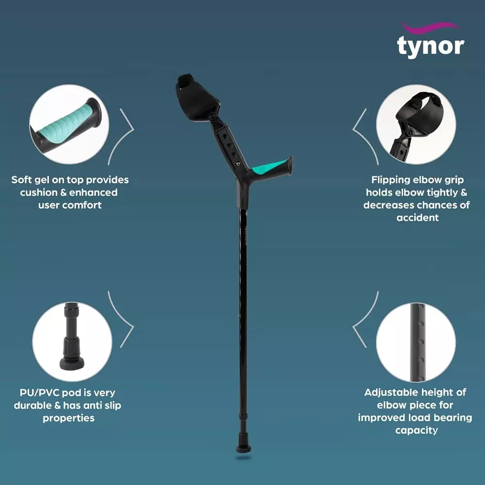 Tynor Elbow Crutch Adjustable Black Standard Size, 345832