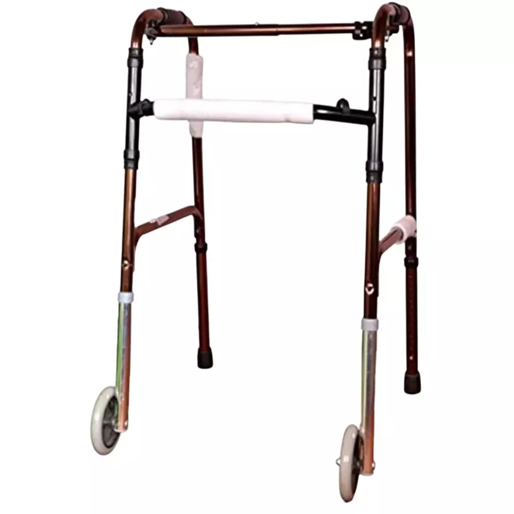Karma Healthcare Reciprocal Walker with Wheels 8 Step Height Adjustable 127 mm (5 inch) One Button Folding Function Aluminium Frame Bronze, WK-51