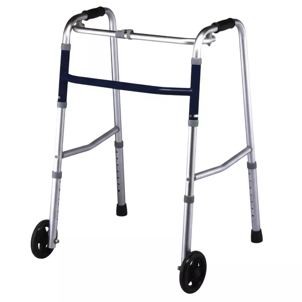 Karma Healthcare Reciprocal Walker with Wheels 8 Step Height Adjustable 127 mm (5 inch) One Button Folding Function Aluminium Frame Silver, WK-51