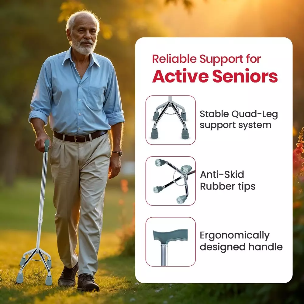 AGEasy Antara by MAX Group Quadbase Walking Stick 4 Legs 93 cm (36 inch) Extended Length Aluminum Grey, AEWS200401