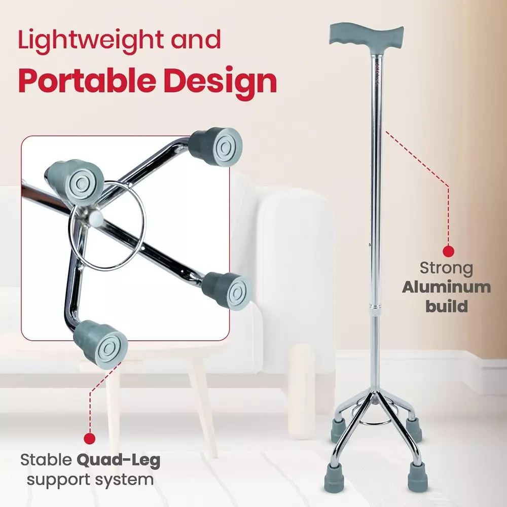 AGEasy Antara by MAX Group Quadbase Walking Stick 4 Legs 93 cm (36 inch) Extended Length Aluminum Grey, AEWS200401