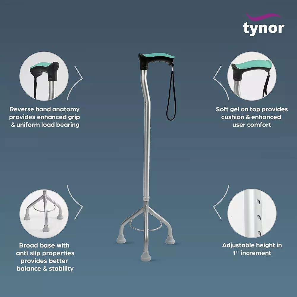 Tynor Walking Stick Tripod Black Standard Size, TA06095
